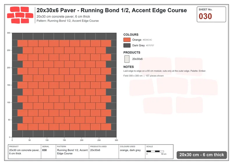 Interlock (Pasco) 20x30 cm · RC23-30 · Running Bond 1/2, Accent Edge Course · Laying plan Interlock (Pasco) 20x30 cm · RC23-30 · Running Bond 1/2, Accent Edge Course · Laying plan