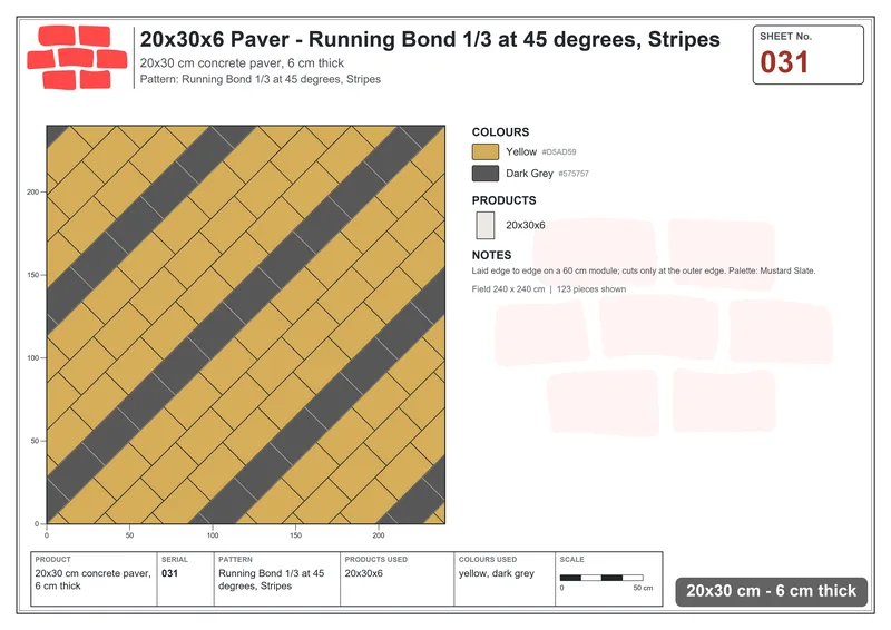 Interlock (Pasco) 20x30 cm · RC23-31 · Running Bond 1/3 at 45 degrees, Stripes · Laying plan Interlock (Pasco) 20x30 cm · RC23-31 · Running Bond 1/3 at 45 degrees, Stripes · Laying plan