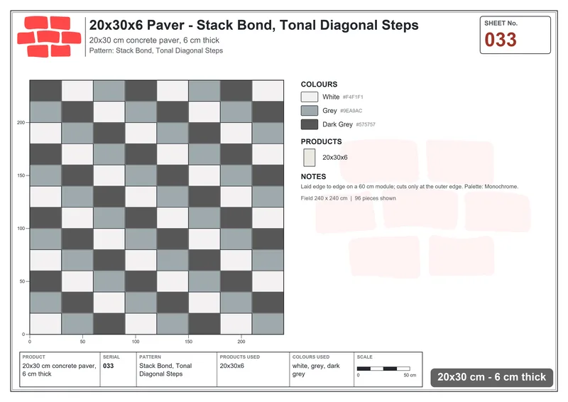 Interlock (Pasco) 20x30 cm · RC23-33 · Stack Bond, Tonal Diagonal Steps · Laying plan Interlock (Pasco) 20x30 cm · RC23-33 · Stack Bond, Tonal Diagonal Steps · Laying plan
