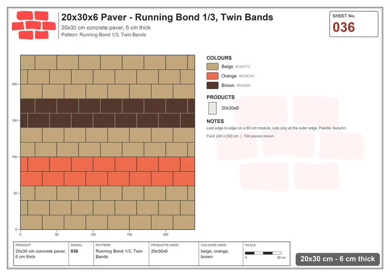 Interlock (Pasco) 20x30 cm · RC23-36 · Running Bond 1/3, Twin Bands · Laying plan Interlock (Pasco) 20x30 cm · RC23-36 · Running Bond 1/3, Twin Bands · Laying plan