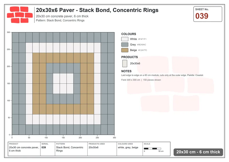 Interlock (Pasco) 20x30 cm · RC23-39 · Stack Bond, Concentric Rings · Laying plan Interlock (Pasco) 20x30 cm · RC23-39 · Stack Bond, Concentric Rings · Laying plan