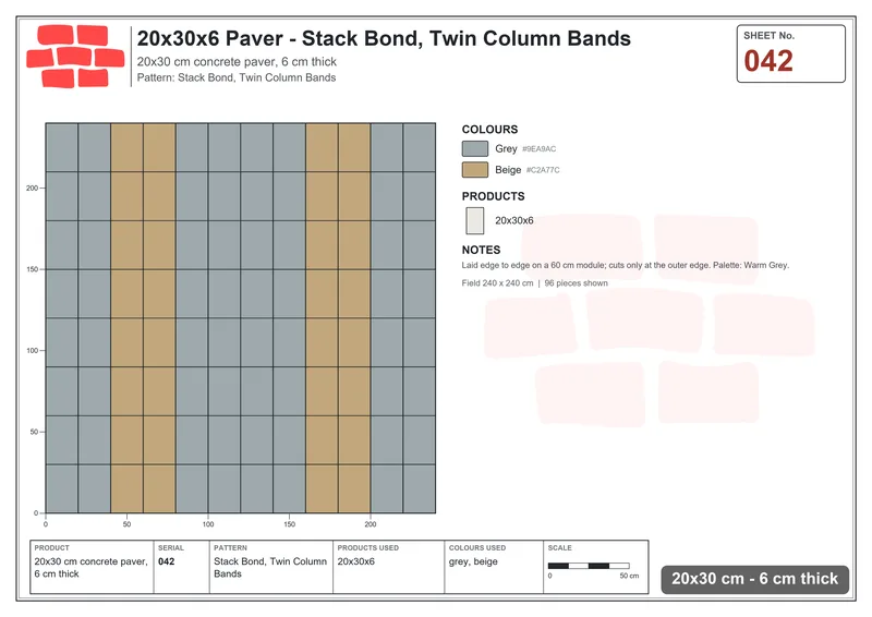 Interlock (Pasco) 20x30 cm · RC23-42 · Stack Bond, Twin Column Bands · Laying plan Interlock (Pasco) 20x30 cm · RC23-42 · Stack Bond, Twin Column Bands · Laying plan