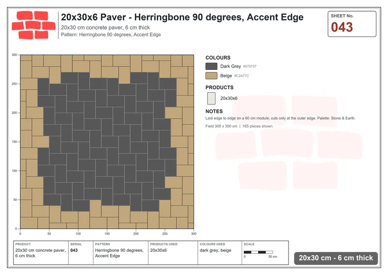 Interlock (Pasco) 20x30 cm · RC23-43 · Herringbone 90 degrees, Accent Edge · Laying plan Interlock (Pasco) 20x30 cm · RC23-43 · Herringbone 90 degrees, Accent Edge · Laying plan