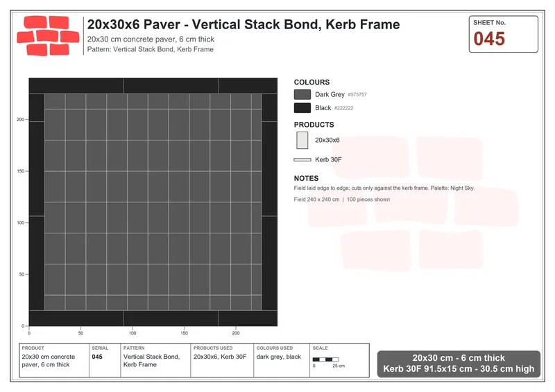 Interlock (Pasco) 20x30 cm · RC23-45 · Vertical Stack Bond, Kerb Frame · Laying plan Interlock (Pasco) 20x30 cm · RC23-45 · Vertical Stack Bond, Kerb Frame · Laying plan