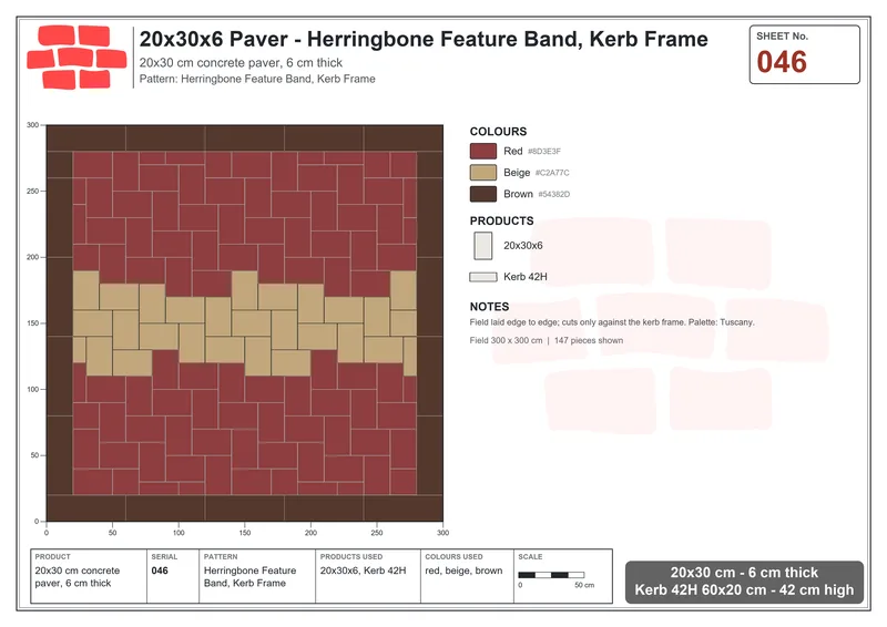 Interlock (Pasco) 20x30 cm · RC23-46 · Herringbone Feature Band, Kerb Frame · Laying plan Interlock (Pasco) 20x30 cm · RC23-46 · Herringbone Feature Band, Kerb Frame · Laying plan