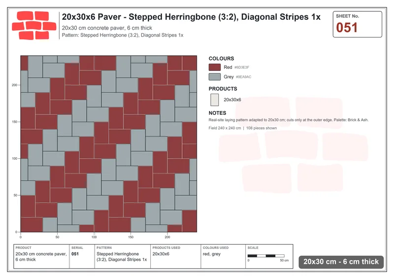 Interlock (Pasco) 20x30 cm · RC23-51 · Stepped Herringbone (3:2), Diagonal Stripes 1x · Laying plan Interlock (Pasco) 20x30 cm · RC23-51 · Stepped Herringbone (3:2), Diagonal Stripes 1x · Laying plan