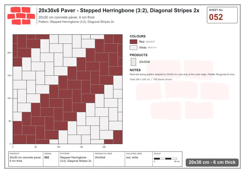Interlock (Pasco) 20x30 cm · RC23-52 · Stepped Herringbone (3:2), Diagonal Stripes 2x · Laying plan Interlock (Pasco) 20x30 cm · RC23-52 · Stepped Herringbone (3:2), Diagonal Stripes 2x · Laying plan