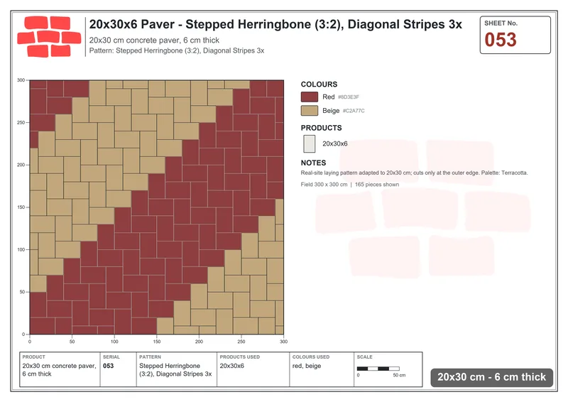 Interlock (Pasco) 20x30 cm · RC23-53 · Stepped Herringbone (3:2), Diagonal Stripes 3x · Laying plan Interlock (Pasco) 20x30 cm · RC23-53 · Stepped Herringbone (3:2), Diagonal Stripes 3x · Laying plan