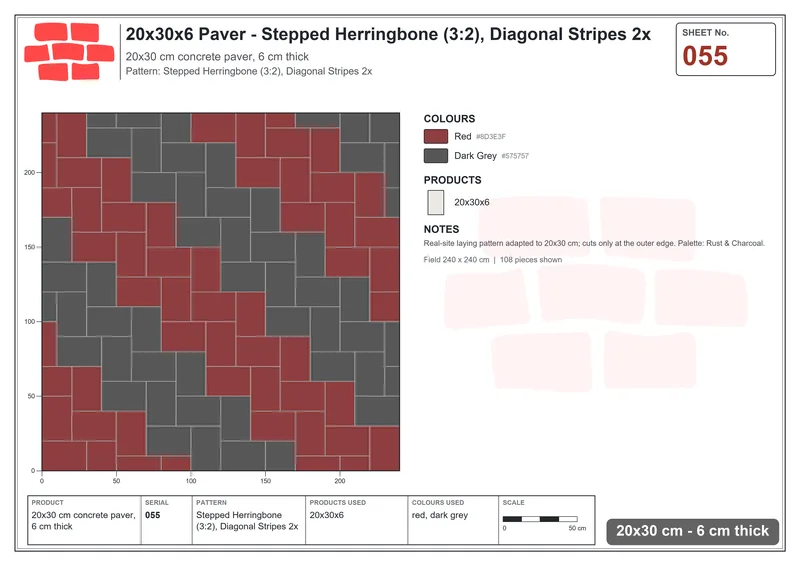 Interlock (Pasco) 20x30 cm · RC23-55 · Stepped Herringbone (3:2), Diagonal Stripes 2x · Laying plan Interlock (Pasco) 20x30 cm · RC23-55 · Stepped Herringbone (3:2), Diagonal Stripes 2x · Laying plan