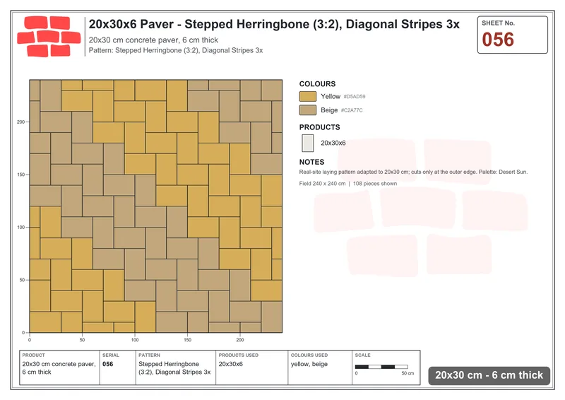 Interlock (Pasco) 20x30 cm · RC23-56 · Stepped Herringbone (3:2), Diagonal Stripes 3x · Laying plan Interlock (Pasco) 20x30 cm · RC23-56 · Stepped Herringbone (3:2), Diagonal Stripes 3x · Laying plan