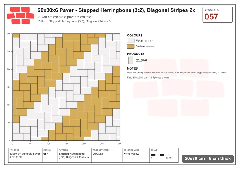 Interlock (Pasco) 20x30 cm · RC23-57 · Stepped Herringbone (3:2), Diagonal Stripes 2x · Laying plan Interlock (Pasco) 20x30 cm · RC23-57 · Stepped Herringbone (3:2), Diagonal Stripes 2x · Laying plan