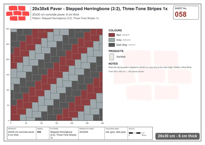 Interlock (Pasco) 20x30 cm · RC23-58 · Stepped Herringbone (3:2), Three-Tone Stripes 1x · Laying plan Interlock (Pasco) 20x30 cm · RC23-58 · Stepped Herringbone (3:2), Three-Tone Stripes 1x · Laying plan