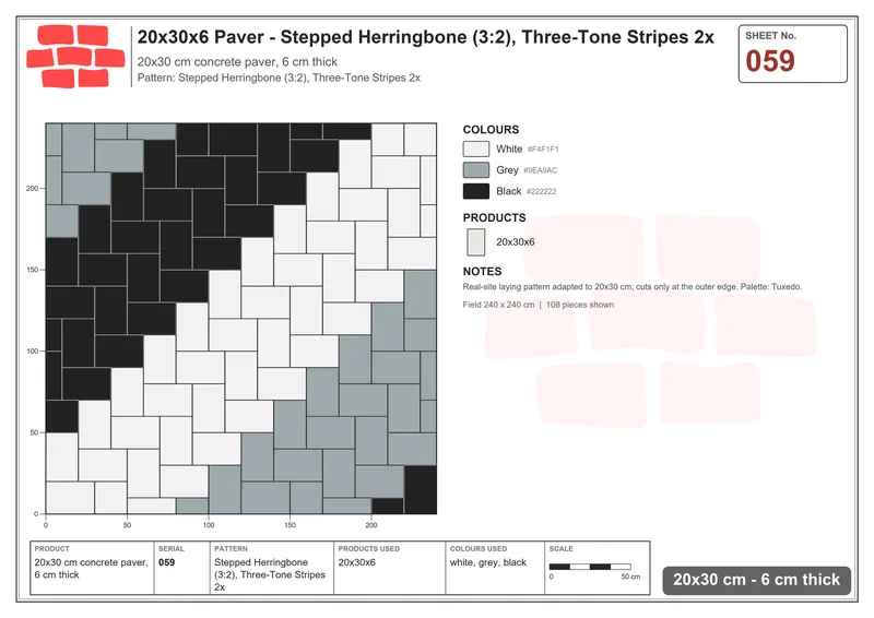Interlock (Pasco) 20x30 cm · RC23-59 · Stepped Herringbone (3:2), Three-Tone Stripes 2x · Laying plan Interlock (Pasco) 20x30 cm · RC23-59 · Stepped Herringbone (3:2), Three-Tone Stripes 2x · Laying plan