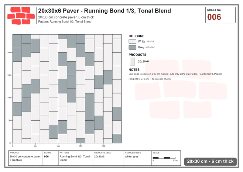 Interlock (Pasco) 20x30 cm · RC23-6 · Running Bond 1/3, Tonal Blend · Laying plan Interlock (Pasco) 20x30 cm · RC23-6 · Running Bond 1/3, Tonal Blend · Laying plan