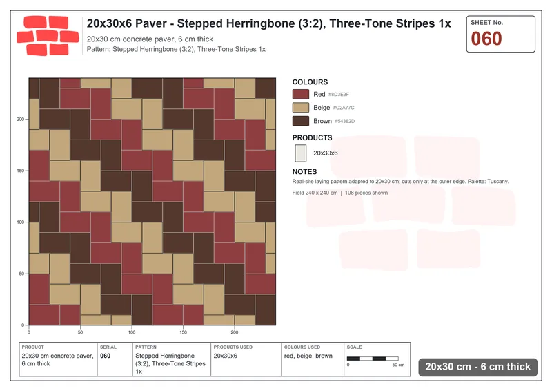 Interlock (Pasco) 20x30 cm · RC23-60 · Stepped Herringbone (3:2), Three-Tone Stripes 1x · Laying plan Interlock (Pasco) 20x30 cm · RC23-60 · Stepped Herringbone (3:2), Three-Tone Stripes 1x · Laying plan