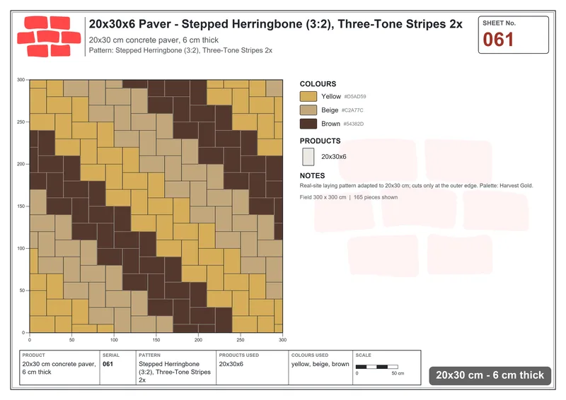 Interlock (Pasco) 20x30 cm · RC23-61 · Stepped Herringbone (3:2), Three-Tone Stripes 2x · Laying plan Interlock (Pasco) 20x30 cm · RC23-61 · Stepped Herringbone (3:2), Three-Tone Stripes 2x · Laying plan