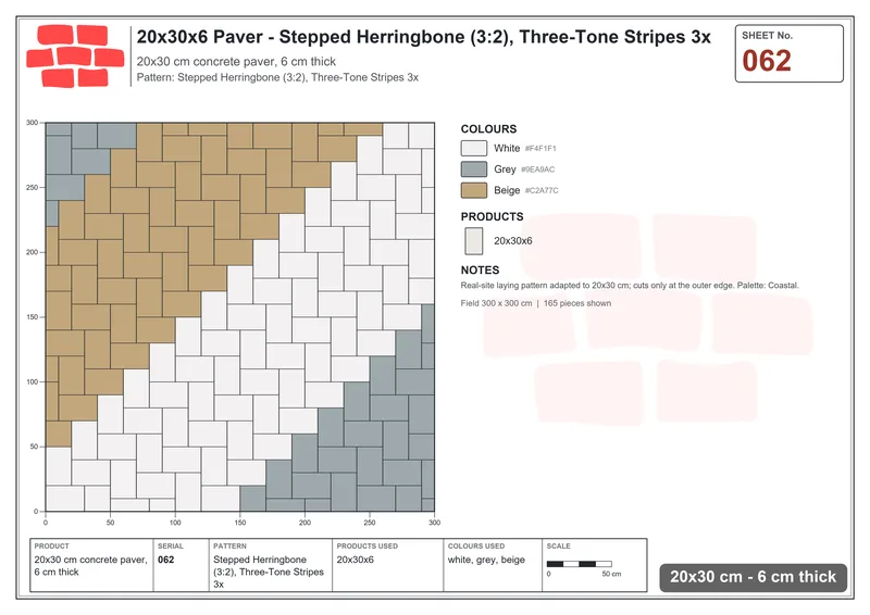 Interlock (Pasco) 20x30 cm · RC23-62 · Stepped Herringbone (3:2), Three-Tone Stripes 3x · Laying plan Interlock (Pasco) 20x30 cm · RC23-62 · Stepped Herringbone (3:2), Three-Tone Stripes 3x · Laying plan