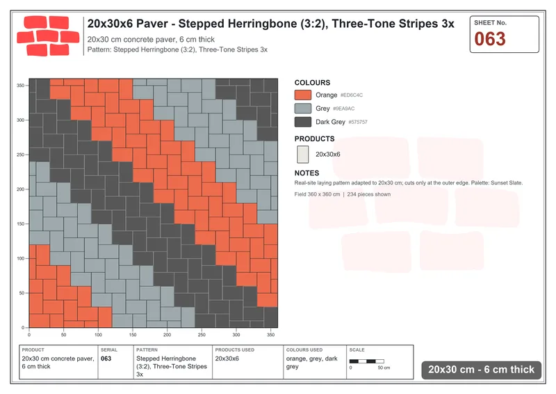 Interlock (Pasco) 20x30 cm · RC23-63 · Stepped Herringbone (3:2), Three-Tone Stripes 3x · Laying plan Interlock (Pasco) 20x30 cm · RC23-63 · Stepped Herringbone (3:2), Three-Tone Stripes 3x · Laying plan