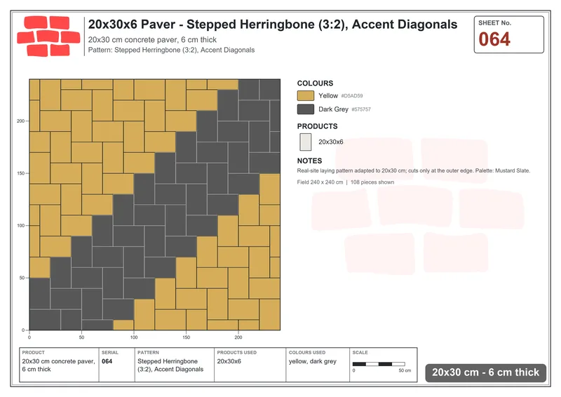 Interlock (Pasco) 20x30 cm · RC23-64 · Stepped Herringbone (3:2), Accent Diagonals · Laying plan Interlock (Pasco) 20x30 cm · RC23-64 · Stepped Herringbone (3:2), Accent Diagonals · Laying plan