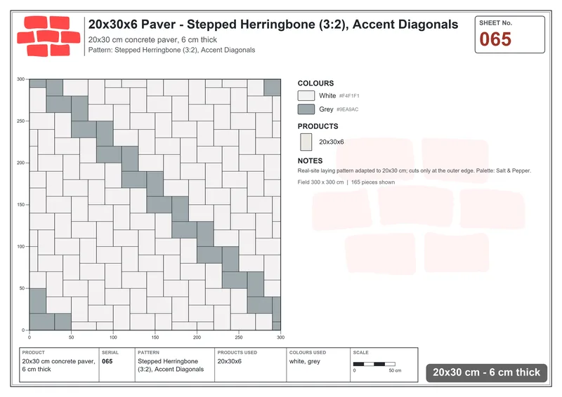Interlock (Pasco) 20x30 cm · RC23-65 · Stepped Herringbone (3:2), Accent Diagonals · Laying plan Interlock (Pasco) 20x30 cm · RC23-65 · Stepped Herringbone (3:2), Accent Diagonals · Laying plan