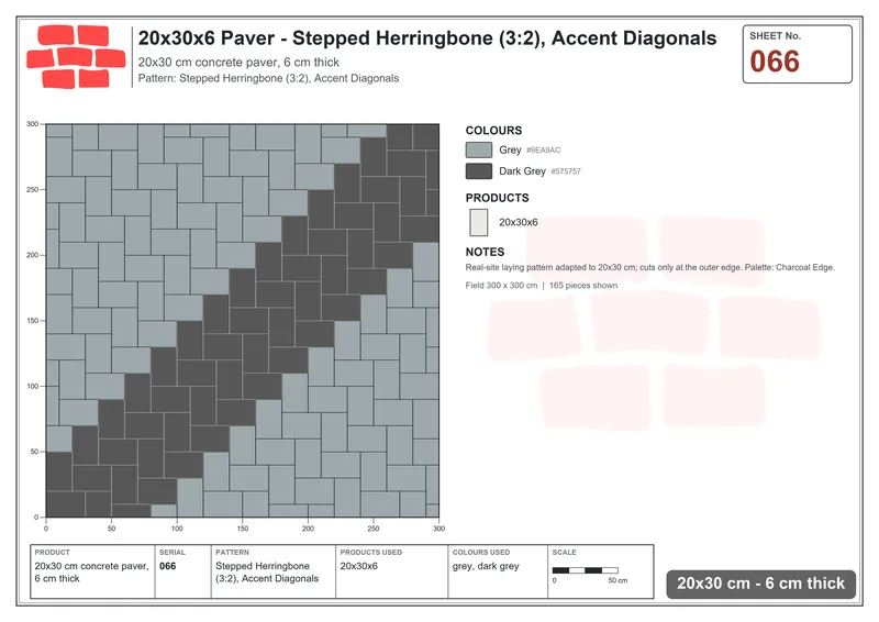 Interlock (Pasco) 20x30 cm · RC23-66 · Stepped Herringbone (3:2), Accent Diagonals · Laying plan Interlock (Pasco) 20x30 cm · RC23-66 · Stepped Herringbone (3:2), Accent Diagonals · Laying plan