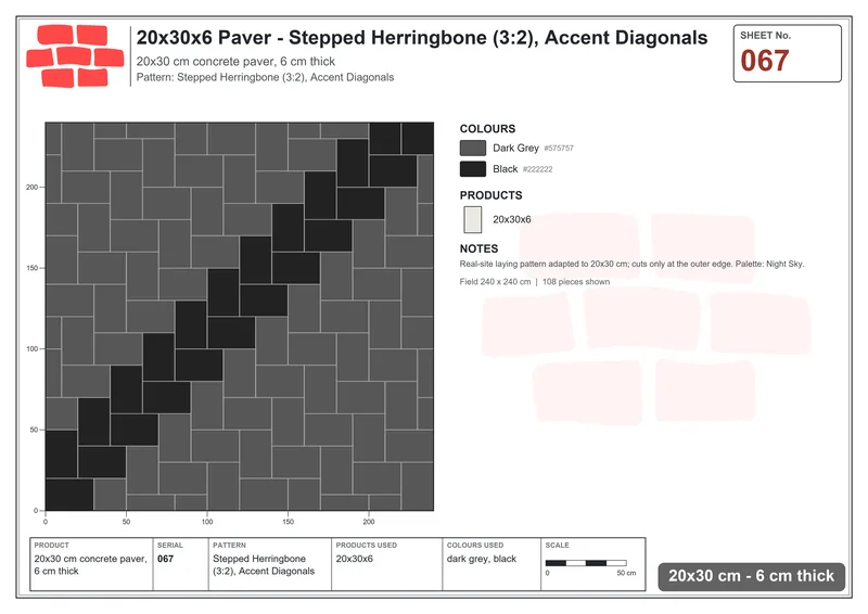 Interlock (Pasco) 20x30 cm · RC23-67 · Stepped Herringbone (3:2), Accent Diagonals · Laying plan Interlock (Pasco) 20x30 cm · RC23-67 · Stepped Herringbone (3:2), Accent Diagonals · Laying plan
