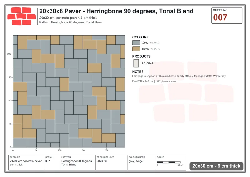 Interlock (Pasco) 20x30 cm · RC23-7 · Herringbone 90 degrees, Tonal Blend · Laying plan Interlock (Pasco) 20x30 cm · RC23-7 · Herringbone 90 degrees, Tonal Blend · Laying plan