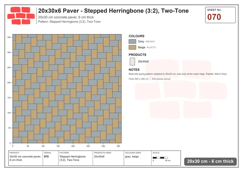 Interlock (Pasco) 20x30 cm · RC23-70 · Stepped Herringbone (3:2), Two-Tone · Laying plan Interlock (Pasco) 20x30 cm · RC23-70 · Stepped Herringbone (3:2), Two-Tone · Laying plan