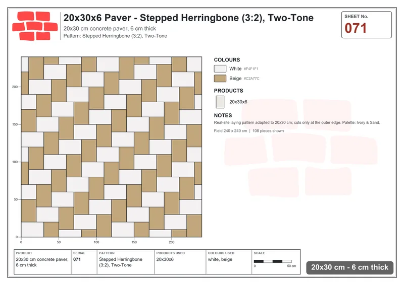 Interlock (Pasco) 20x30 cm · RC23-71 · Stepped Herringbone (3:2), Two-Tone · Laying plan Interlock (Pasco) 20x30 cm · RC23-71 · Stepped Herringbone (3:2), Two-Tone · Laying plan
