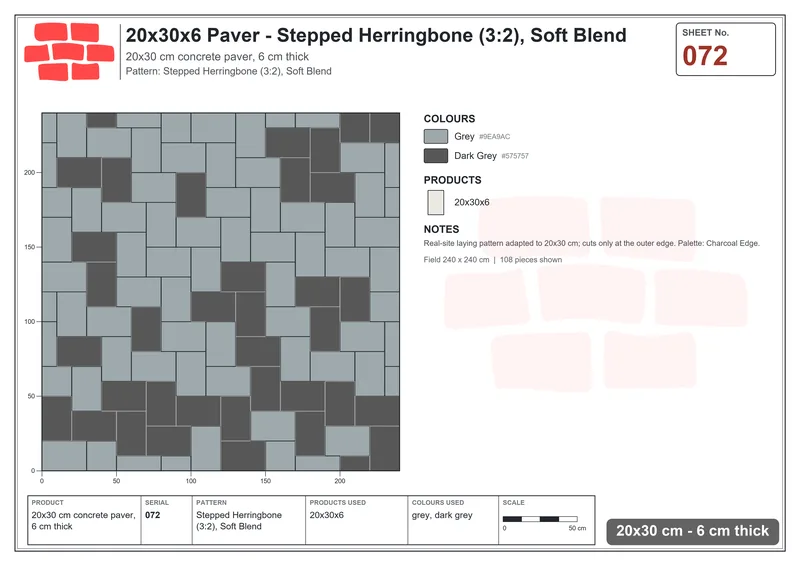 Interlock (Pasco) 20x30 cm · RC23-72 · Stepped Herringbone (3:2), Soft Blend · Laying plan Interlock (Pasco) 20x30 cm · RC23-72 · Stepped Herringbone (3:2), Soft Blend · Laying plan