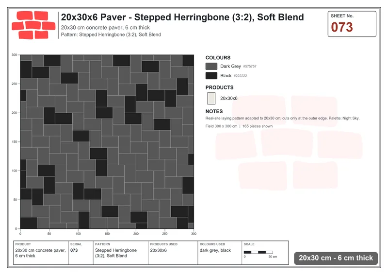 Interlock (Pasco) 20x30 cm · RC23-73 · Stepped Herringbone (3:2), Soft Blend · Laying plan Interlock (Pasco) 20x30 cm · RC23-73 · Stepped Herringbone (3:2), Soft Blend · Laying plan