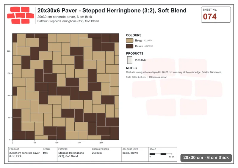Interlock (Pasco) 20x30 cm · RC23-74 · Stepped Herringbone (3:2), Soft Blend · Laying plan Interlock (Pasco) 20x30 cm · RC23-74 · Stepped Herringbone (3:2), Soft Blend · Laying plan