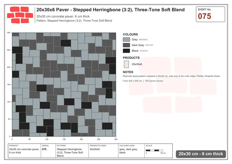 Interlock (Pasco) 20x30 cm · RC23-75 · Stepped Herringbone (3:2), Three-Tone Soft Blend · Laying plan Interlock (Pasco) 20x30 cm · RC23-75 · Stepped Herringbone (3:2), Three-Tone Soft Blend · Laying plan