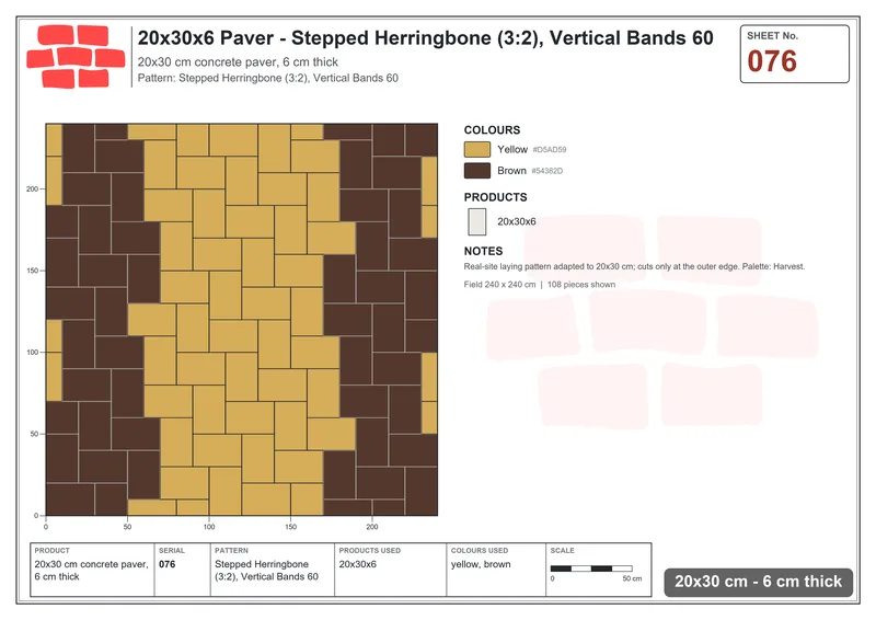 Interlock (Pasco) 20x30 cm · RC23-76 · Stepped Herringbone (3:2), Vertical Bands 60 · Laying plan Interlock (Pasco) 20x30 cm · RC23-76 · Stepped Herringbone (3:2), Vertical Bands 60 · Laying plan