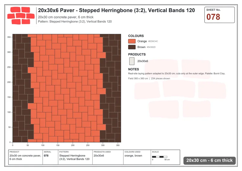 Interlock (Pasco) 20x30 cm · RC23-78 · Stepped Herringbone (3:2), Vertical Bands 120 · Laying plan Interlock (Pasco) 20x30 cm · RC23-78 · Stepped Herringbone (3:2), Vertical Bands 120 · Laying plan