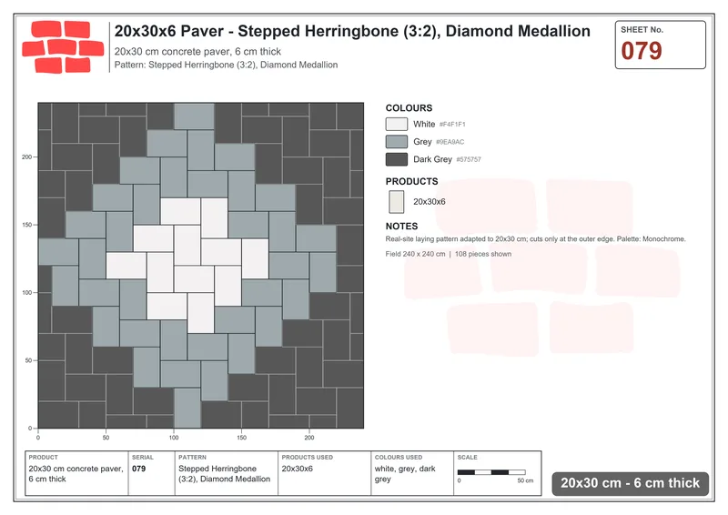 Interlock (Pasco) 20x30 cm · RC23-79 · Stepped Herringbone (3:2), Diamond Medallion · Laying plan Interlock (Pasco) 20x30 cm · RC23-79 · Stepped Herringbone (3:2), Diamond Medallion · Laying plan