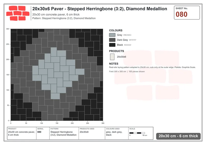 Interlock (Pasco) 20x30 cm · RC23-80 · Stepped Herringbone (3:2), Diamond Medallion · Laying plan Interlock (Pasco) 20x30 cm · RC23-80 · Stepped Herringbone (3:2), Diamond Medallion · Laying plan
