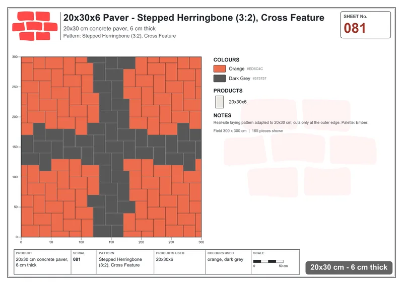 Interlock (Pasco) 20x30 cm · RC23-81 · Stepped Herringbone (3:2), Cross Feature · Laying plan Interlock (Pasco) 20x30 cm · RC23-81 · Stepped Herringbone (3:2), Cross Feature · Laying plan