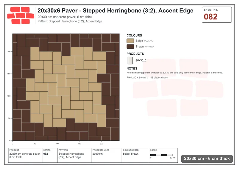 Interlock (Pasco) 20x30 cm · RC23-82 · Stepped Herringbone (3:2), Accent Edge · Laying plan Interlock (Pasco) 20x30 cm · RC23-82 · Stepped Herringbone (3:2), Accent Edge · Laying plan