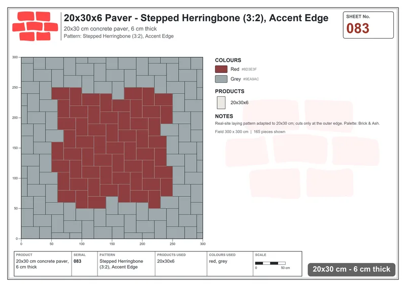 Interlock (Pasco) 20x30 cm · RC23-83 · Stepped Herringbone (3:2), Accent Edge · Laying plan Interlock (Pasco) 20x30 cm · RC23-83 · Stepped Herringbone (3:2), Accent Edge · Laying plan