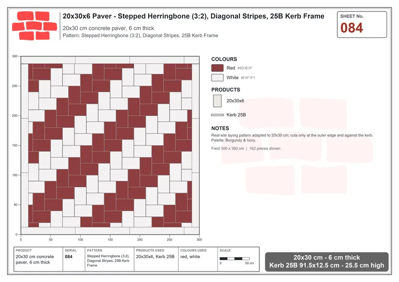 Interlock (Pasco) 20x30 cm · RC23-84 · Stepped Herringbone (3:2), Diagonal Stripes, 25B Kerb Frame · Laying plan Interlock (Pasco) 20x30 cm · RC23-84 · Stepped Herringbone (3:2), Diagonal Stripes, 25B Kerb Frame · Laying plan