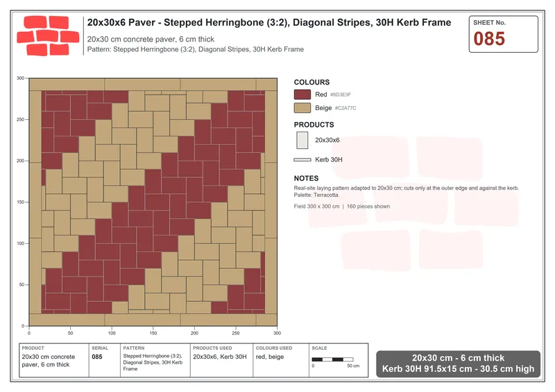 Interlock (Pasco) 20x30 cm · RC23-85 · Stepped Herringbone (3:2), Diagonal Stripes, 30H Kerb Frame · Laying plan Interlock (Pasco) 20x30 cm · RC23-85 · Stepped Herringbone (3:2), Diagonal Stripes, 30H Kerb Frame · Laying plan