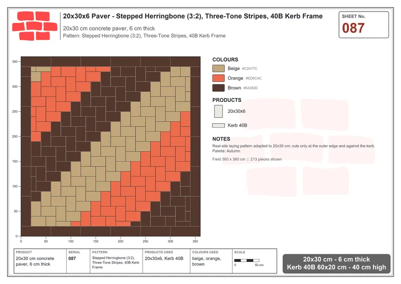 Interlock (Pasco) 20x30 cm · RC23-87 · Stepped Herringbone (3:2), Three-Tone Stripes, 40B Kerb Frame · Laying plan Interlock (Pasco) 20x30 cm · RC23-87 · Stepped Herringbone (3:2), Three-Tone Stripes, 40B Kerb Frame · Laying plan