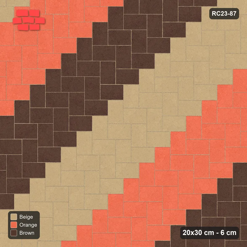 Interlock (Pasco) 20x30 cm · RC23-87 · Stepped Herringbone (3:2), Three-Tone Stripes, 40B Kerb Frame · Top view