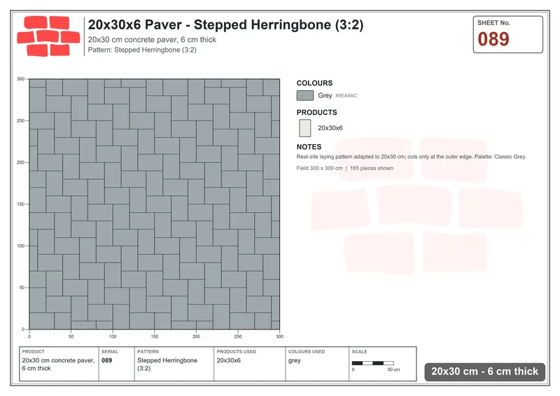 Interlock (Pasco) 20x30 cm · RC23-89 · Stepped Herringbone (3:2) · Laying plan Interlock (Pasco) 20x30 cm · RC23-89 · Stepped Herringbone (3:2) · Laying plan
