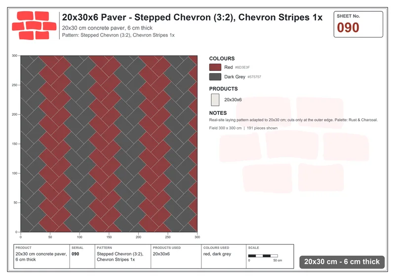 Interlock (Pasco) 20x30 cm · RC23-90 · Stepped Chevron (3:2), Chevron Stripes 1x · Laying plan Interlock (Pasco) 20x30 cm · RC23-90 · Stepped Chevron (3:2), Chevron Stripes 1x · Laying plan