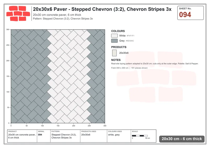 Interlock (Pasco) 20x30 cm · RC23-94 · Stepped Chevron (3:2), Chevron Stripes 3x · Laying plan Interlock (Pasco) 20x30 cm · RC23-94 · Stepped Chevron (3:2), Chevron Stripes 3x · Laying plan