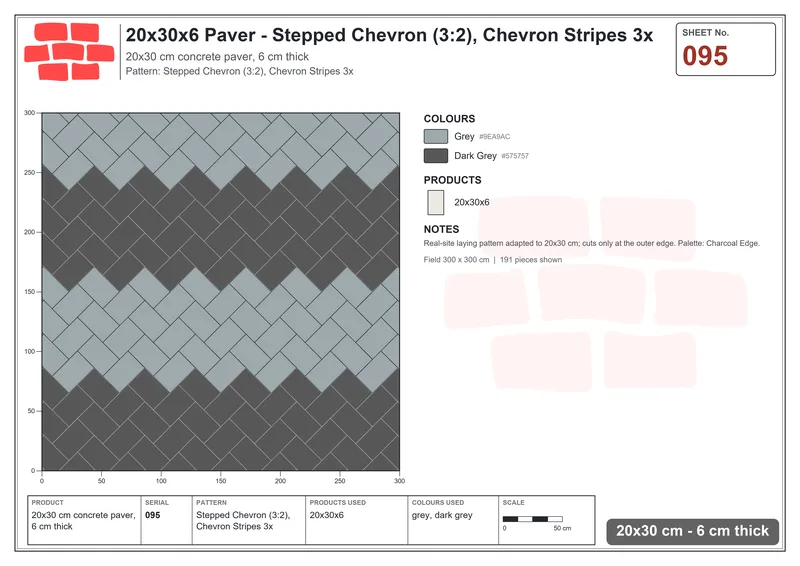 Interlock (Pasco) 20x30 cm · RC23-95 · Stepped Chevron (3:2), Chevron Stripes 3x · Laying plan Interlock (Pasco) 20x30 cm · RC23-95 · Stepped Chevron (3:2), Chevron Stripes 3x · Laying plan