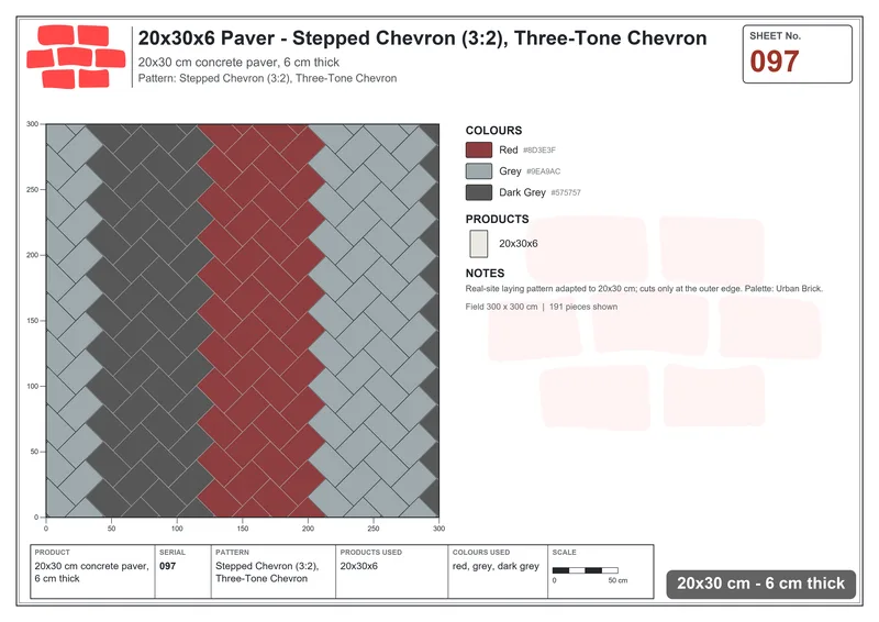 Interlock (Pasco) 20x30 cm · RC23-97 · Stepped Chevron (3:2), Three-Tone Chevron · Laying plan Interlock (Pasco) 20x30 cm · RC23-97 · Stepped Chevron (3:2), Three-Tone Chevron · Laying plan