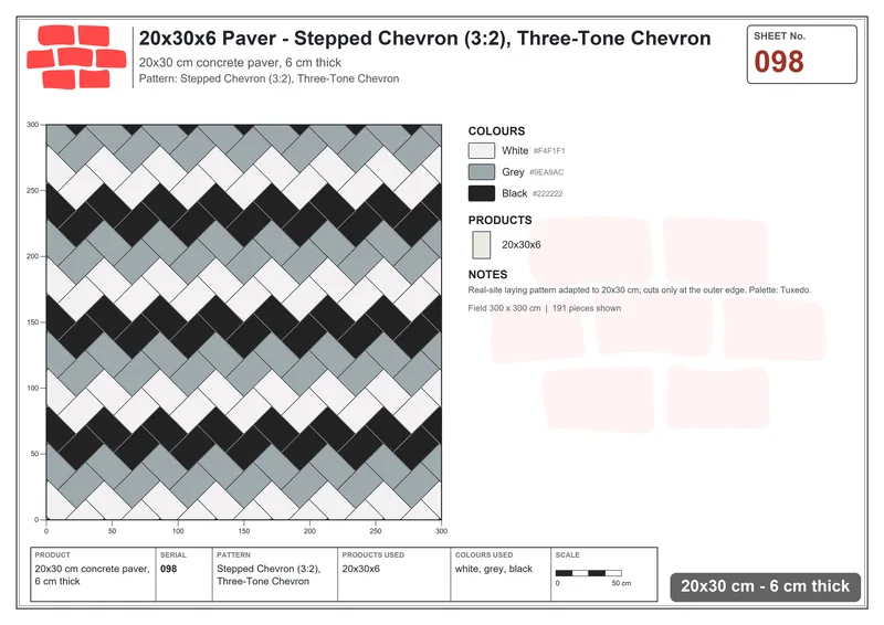 Interlock (Pasco) 20x30 cm · RC23-98 · Stepped Chevron (3:2), Three-Tone Chevron · Laying plan Interlock (Pasco) 20x30 cm · RC23-98 · Stepped Chevron (3:2), Three-Tone Chevron · Laying plan
